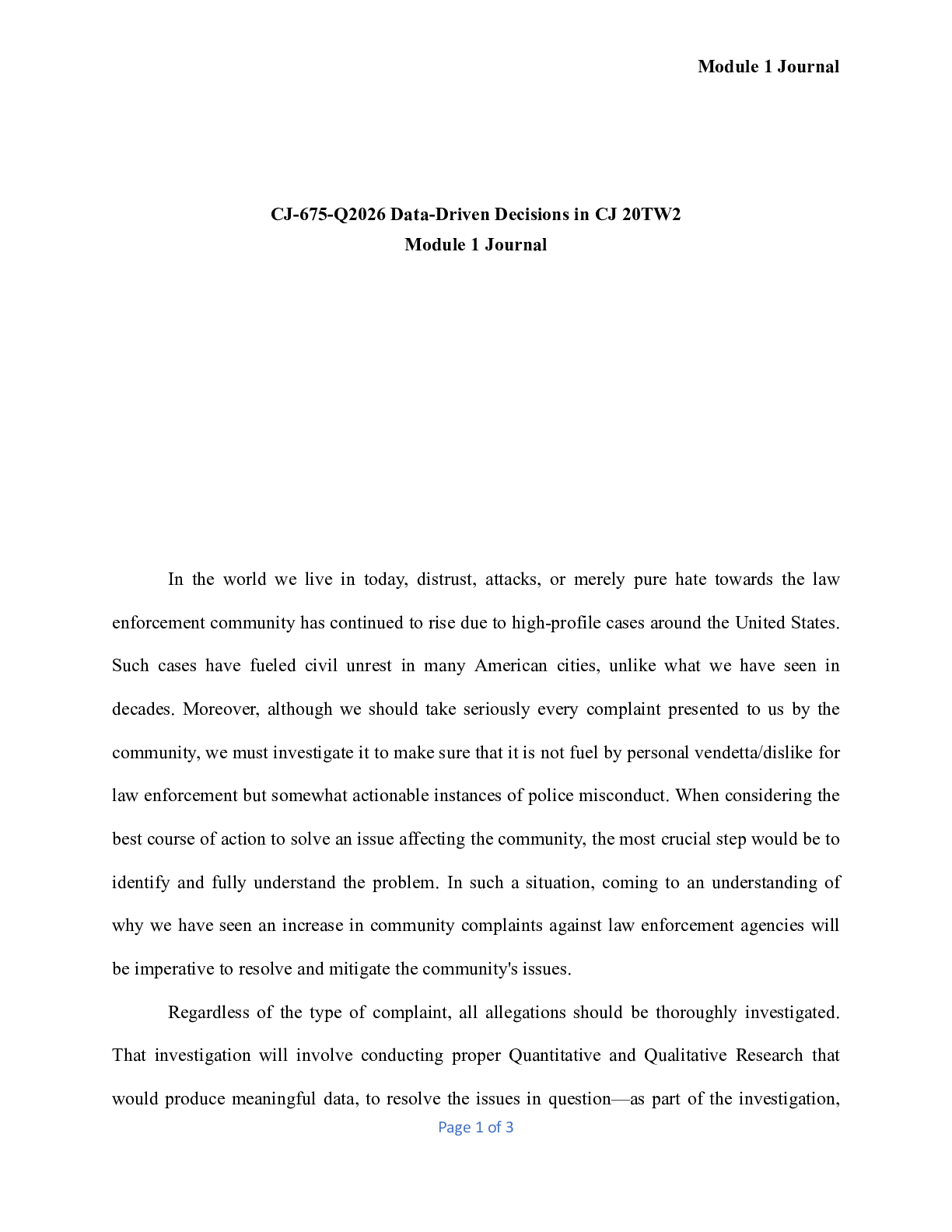 Preview image for CJ 675 Module 1 Journal Final.doc    CJ-675-Q2026 Data-Driven Decisions in CJ 20TW2  Modul